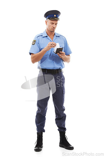 Image of Ticket, parking fine and police writing on notepad for traffic laws, public service and crime on white background. Justice, law enforcement and isolated policeman, security guard and safety officer