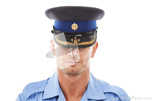 Image of Law, police and headshot of man in studio for crime, protection and safety against white background. Security, authority and front of male official ready for crime, justice and protection isolated