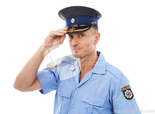 Image of Security, cop and portrait of police on a white background for authority, leadership and justice. Law enforcement, public safety and isolated face of guard, policeman and officer in legal uniform