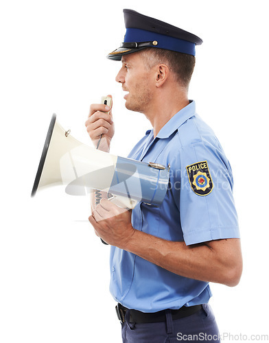 Image of Law man, megaphone and police officer speech for service announcement, legal justice or studio crime. Criminal safety profile, security communication speaker or hero talk isolated on white background