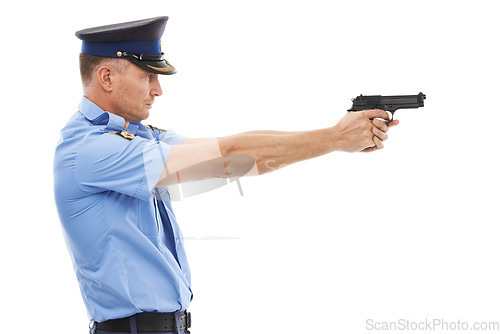 Image of Man, police officer and pointing gun ready to fire or shoot standing isolated on a white studio background. Male security guard or detective holding firearm to uphold the law, stop crime or violence