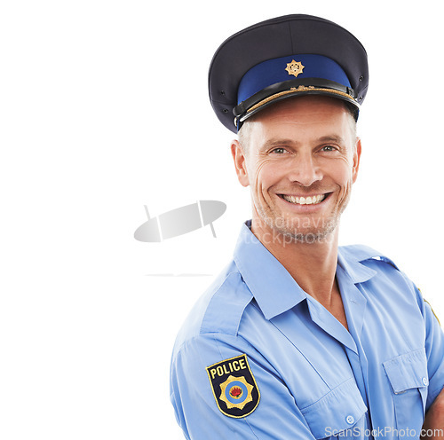 Image of Police officer, portrait and man isolated on a white background for career or leadership in studio mockup. Security, law and compliance professional person or attractive model face in legal uniform