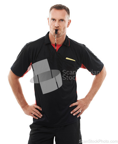 Image of Referee man, portrait and whistle, angry with soccer foul and warning in match or game isolated on white background. Sports, fitness and compliance, rules and male in studio with football penalty