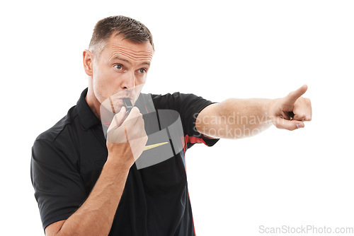 Image of Sport, man and referee blowing whistle, pointing or gesture .in studio warning, sign or message on white background. Sports, coach and hand for rules, compliance and caution while training isolated