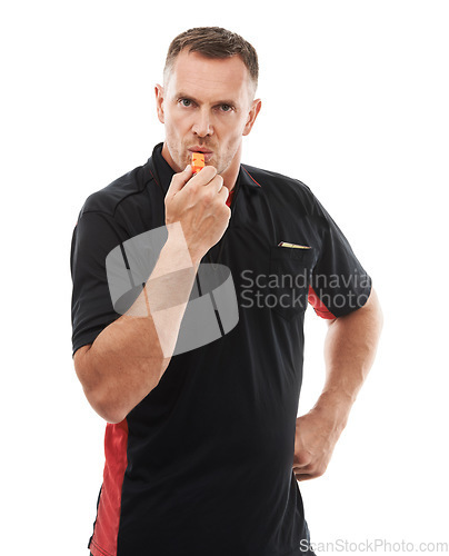 Image of Portrait, referee and man blowing whistle, stern or gesture in studio warning, sign or penalty on white background. Sports, face and coach with rules, compliance and caution while training isolated