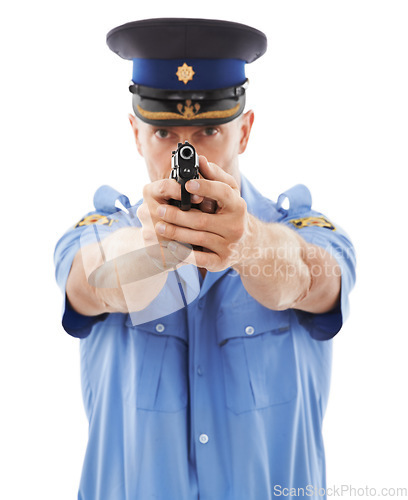 Image of Police officer portrait, gun and man shooting for criminal law enforcement, public safety or studio security service. Violence protection guard, crime justice or hero aim isolated on white background