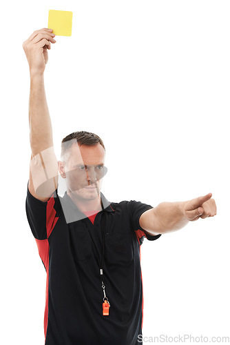 Image of Sports referee, man and yellow card hand for warning soccer rules, penalty or fail in studio. Angry fitness coach sign for mistake, problem or caution in competition game on isolated white background