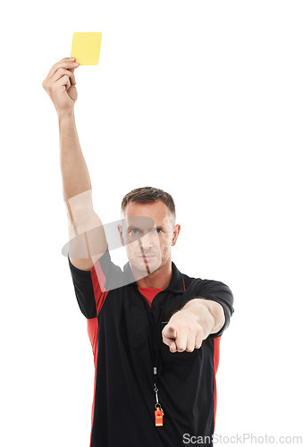 Image of Portrait, foul and yellow card with a soccer referee in studio isolated on a white background for rules. Football, call and warning with a male ref giving a booking during a competitive sports match