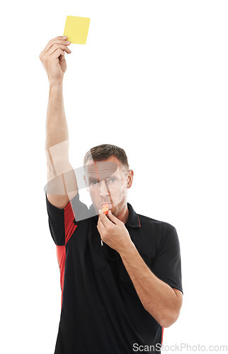 Image of Yellow card, whistle and sports referee man with hand warning for soccer rules, penalty or fail in studio. Fitness coach sign for mistake or caution at competition game isolated on a white background