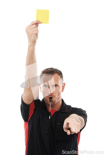 Image of Referee man portrait, yellow card and hand warning while pointing for soccer rules, penalty or fail. Fitness coach sign for mistake or caution for competition game isolated on a white background