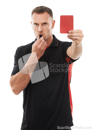 Image of Red card, whistle and referee portrait with hand warning for soccer rules, penalty or fail in studio. Fitness coach man sign for mistake or caution for competition game isolated on a white background