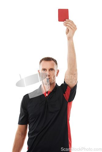 Image of Sports referee, red card and man blowing whistle with hand warning for soccer rules, penalty or fail. Football coach sign for mistake or caution for competition game isolated on a white background