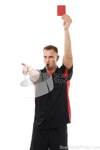 Image of Sports referee, whistle and red card hand warning while pointing for soccer rules, penalty or fail. Football coach man sign for mistake or caution for competition game isolated on a white background