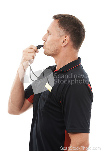 Image of Referee man, whistle and face profile with soccer foul and warning in match or game isolated on white background. Sports, fitness and compliance, rules and male in studio with football penalty