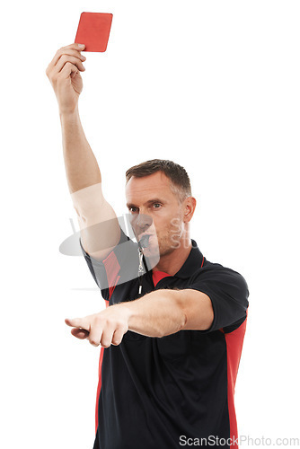 Image of Sports man, referee and red card with whistle for hand warning for soccer rules, penalty or fail in studio. Football coach sign for mistake or caution for professional game, isolated white background