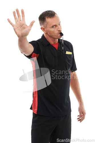 Image of Stop, hand and portrait of man referee blowing whistle for studio warning, penalty or gesture on white background. Sports, coach and palm sign for wrong, pause or emoji, rules or compliance caution