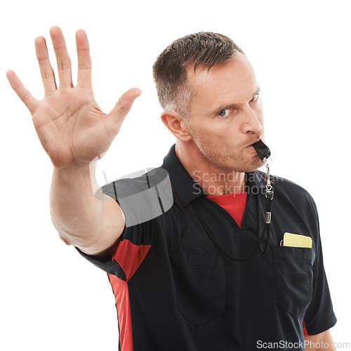 Image of Hand, stop and portrait of man referee blowing whistle for studio warning, penalty or gesture on white background. Sports, coach and palm sign for wrong, pause or emoji, rules or compliance caution