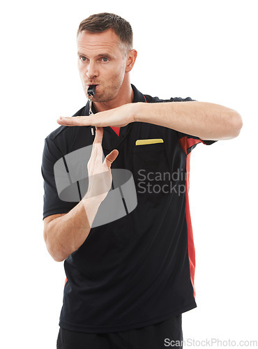 Image of Sports, timeout and man referee in studio blowing a whistle for soccer match or training. Fitness, rules and mature male coach with hand football gesture or sign language isolated by white background