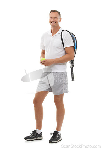 Image of Tennis portrait, sports and man in studio isolated on a white background for exercise. Training, athlete and mature male with ball and racket ready to start workout for health, fitness and wellness.