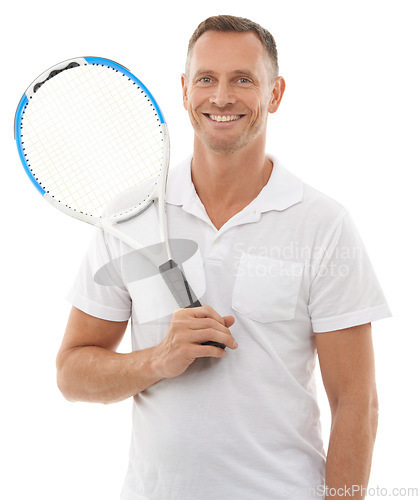 Image of Tennis sports, portrait and man in studio isolated on a white background for exercise. Training, athlete and happy mature male with racket ready to start workout for health, fitness and wellness.