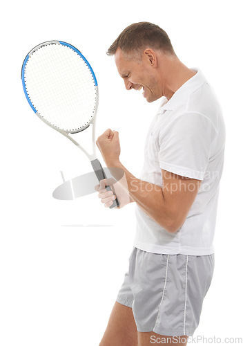 Image of Tennis sports, winner and celebration of man in studio isolated on white background. Winning competition, achievement and mature male athlete with racket celebrating goals, targets or success victory