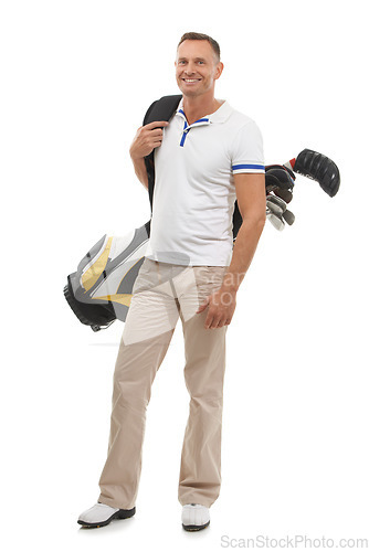 Image of Portrait, golf sports and man in studio isolated on white background ready to start game. Training, golfer and mature male athlete carrying tour bag with clubs for workout, exercise and fitness match