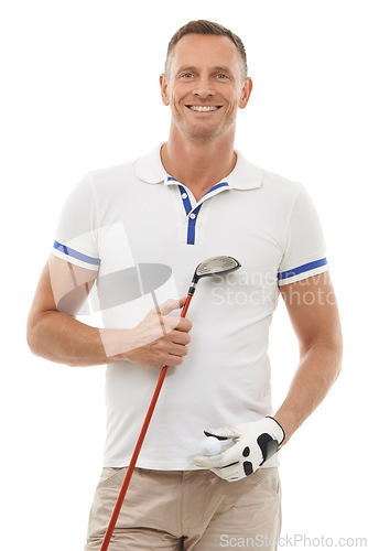 Image of Golf sports, portrait and man in studio isolated on white background ready to start game. Training, golfer and mature male athlete carrying ball and club driver for workout, exercise or fitness match