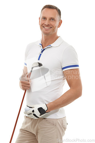 Image of Sports portrait, golf and man in studio isolated on white background ready to start game. Training, golfer and mature male athlete carrying ball and club driver for workout, exercise or fitness match