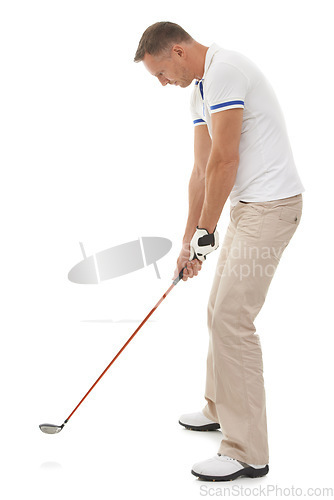 Image of Sports, golf man and swing of club in studio isolated on a white background ready to start game. Training, golfer and mature male swinging driver for golfing workout, exercise and fitness match.