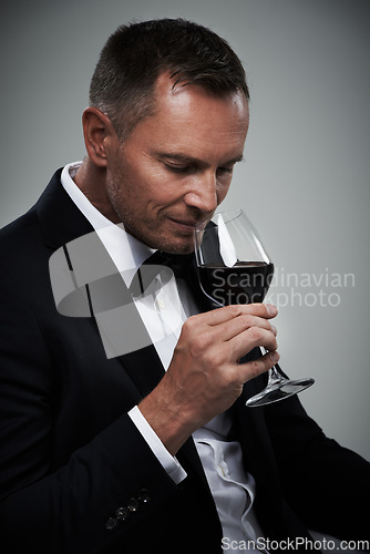 Image of Tuxedo, wine glass and man with alcohol in a suit feeling classy with a luxury drink. Gray background, isolated and studio with a model, agent or actor with a glass to smell rich wines with mockup