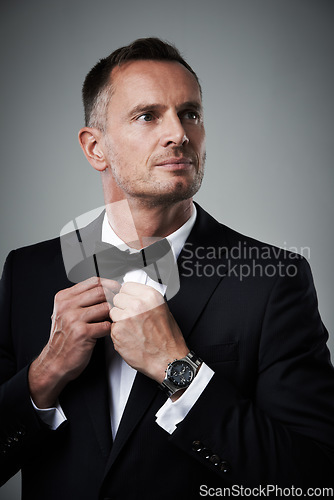 Image of Success, mature man in tuxedo with bow tie, handsome online dating profile picture isolated on grey background in studio. Luxury, rich elegant celebrity actor fashion and sexy date for valentines day