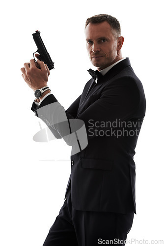 Image of Secret agent man with gun isolated on a white background for law, action movie or security of a criminal businessman. Private detective, professional person crime or actor firearm in studio portrait