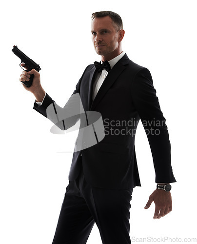 Image of Professional man with gun isolated on a white background for secret service agent, security or criminal businessman. Investigation detective person, boss or crime actor in suit with firearm in studio