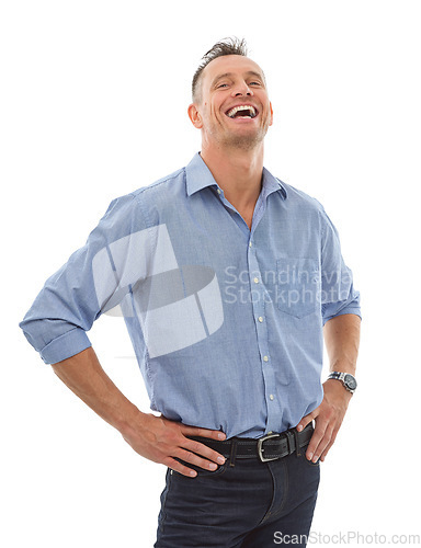 Image of Laughing, portrait and business man in studio isolated on white background with success mindset. Ceo, boss and confident, proud and happy mature male entrepreneur from Canada, laugh at joke or comedy