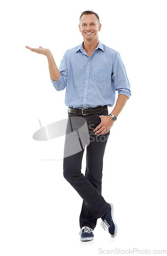 Image of Portrait, studio and business man with product placement, advertising or mockup isolated on a white background. Mock up, branding and happy male entrepreneur showing space for marketing promotion.