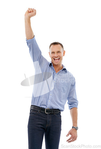 Image of Portrait, winner and celebration of business man in studio isolated on a white background. Winning, achievement and happy mature male celebrating goals, company targets or victory, triumph or success