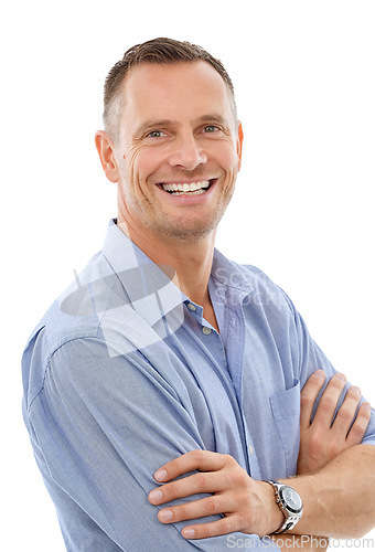 Image of Business man, happy in portrait with arms crossed and smile, career success and leader isolated on white background. Male, positive mindset in studio and leadership with professional growth