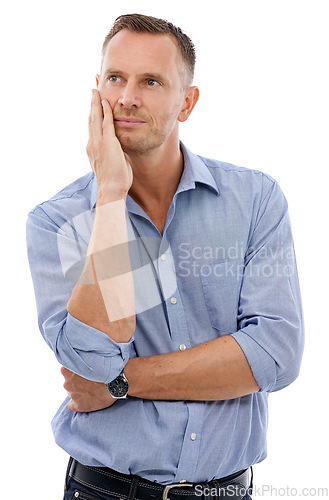 Image of Thinking, idea and pensive man in a studio daydreaming, wondering and being thoughtful. Contemplating, mature and handsome male model posing with a question while isolated by a white background.