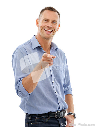 Image of Comic, confident and portrait of a man pointing for comedy isolated on a white background. Happy, pride and mature handsome guy with hand gesture for greeting and giving motivation on a backdrop