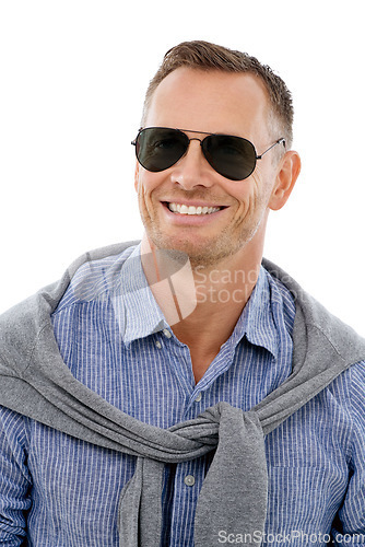 Image of Handsome, cool and portrait of a man with sunglasses isolated on a white background in studio. Happy, confident and relaxed mature guy with confidence, style and shades for summer on a backdrop