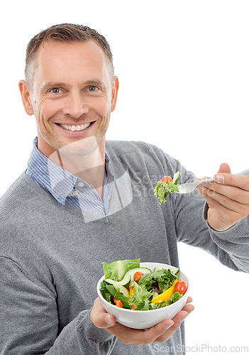 Image of Salad, vegetable and man studio portrait for healthy food with nutrition for health. Happy model person with vegan lunch or brunch bowl isolated on a white background with a fork for wellness