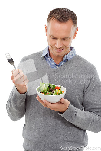 Image of Man with salad, frown on face and vegetable, problem with healthy lifestyle and diet isolated on white background. Health, wellness and male with doubt about food choice, nutrition in studio