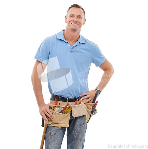 Image of Handyman, repairman and portrait of man in studio with a tool belt for repairs or maintenance. Happy, smile and full length of male industrial worker standing with tools isolated by white background.