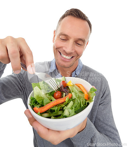 Image of Salad, healthy eating and diet of a man in studio with vegetable food with nutrition for health. Happy model person with vegan lunch or brunch isolated on a white background with a fork for wellness