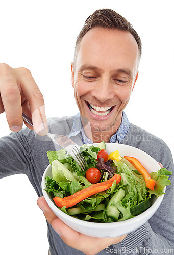 Image of Happy man, salad and vegetable in studio for healthy food with nutrition for health. Zoom of comic model person with vegan lunch or brunch bowl isolated on a white background with a fork for wellness