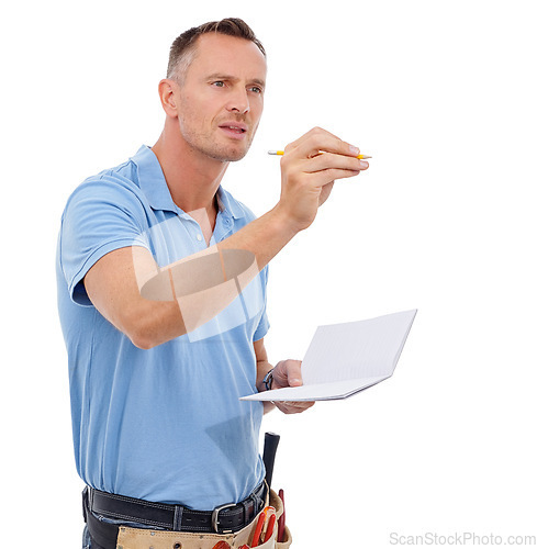 Image of Inspection, writing and contractor man isolated on a white background notebook, planning and project management. Professional construction worker, carpenter or handyman person mockup notes in studio