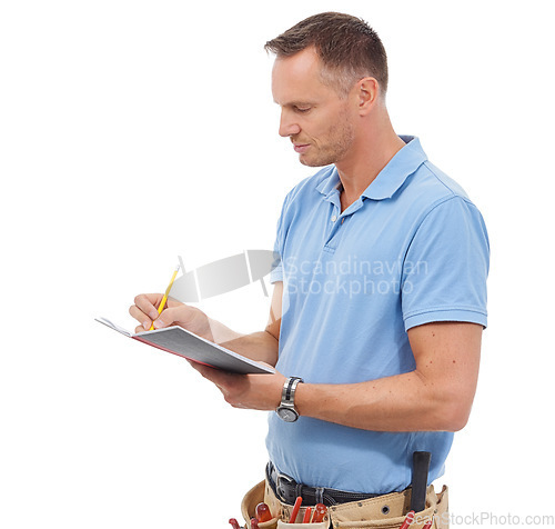 Image of Handyman, contractor or man writing isolated on a white background with notebook, invoice and carpenter tools. Professional construction worker, model or person notes for career services in a studio