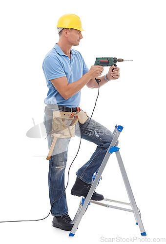 Image of Happy, handyman and repairman in studio with a drill, tool belt and ladder for maintenance. Happy, smile and professional male industry worker with tools for repairs isolated by white background.