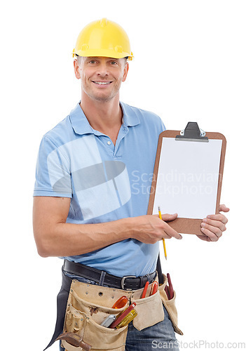 Image of Sign up, contract and construction worker with a clipboard for a deal and asking for information and details. Portrait of handyman, employee or builder with a survey isolated in white studio