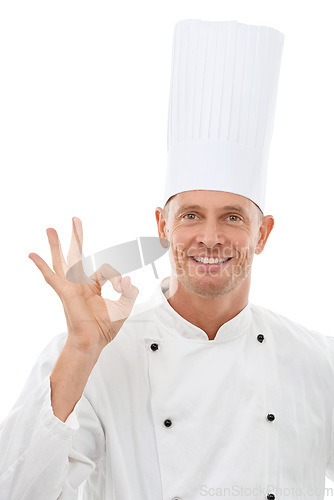 Image of Man, chef and OK hand sign with smile for perfection, approval or precision isolated on a white studio background. Portrait of happy culinary artist showing gesture for perfect, precise or like emoji